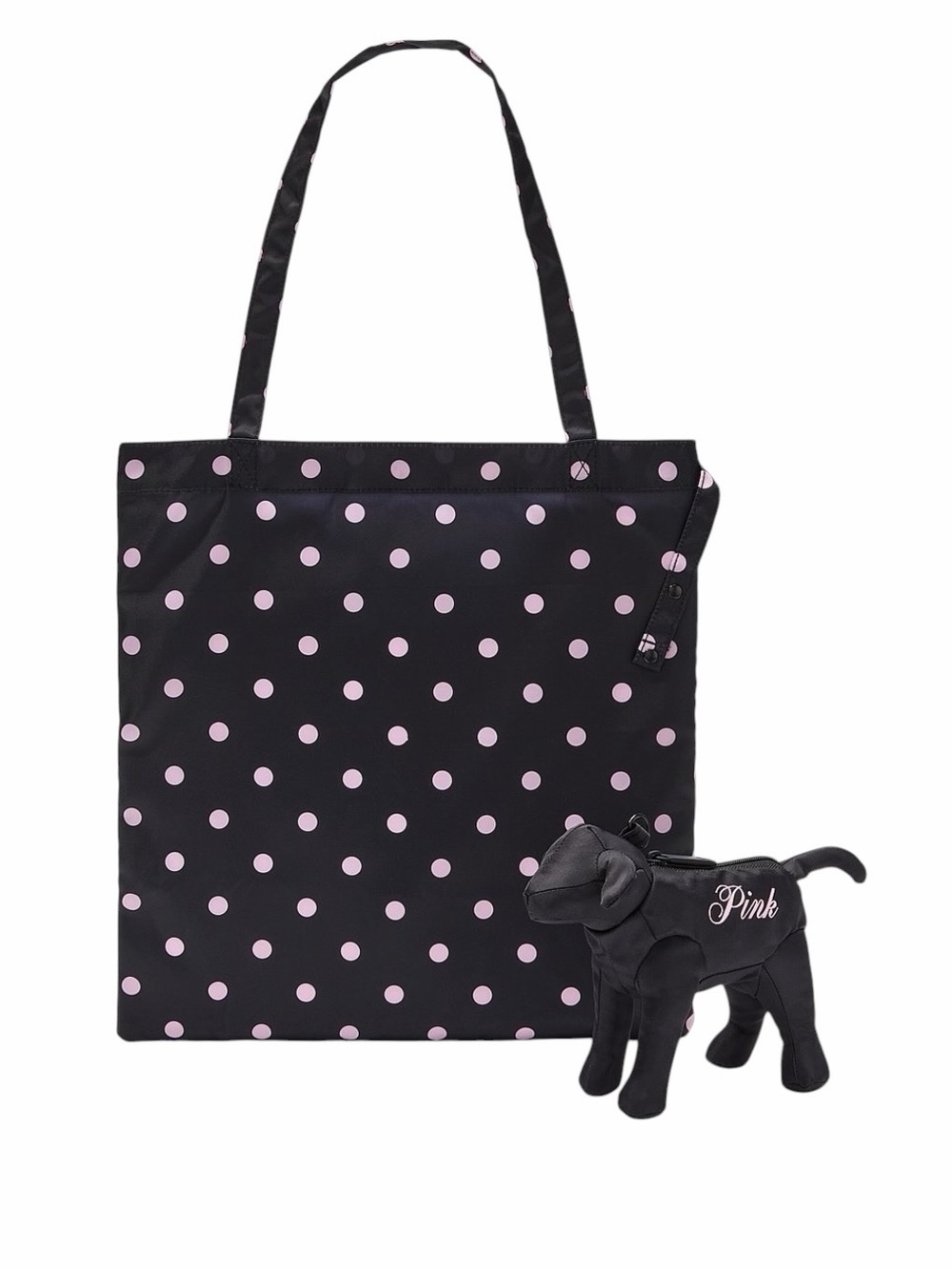 PINK Victoria's Secret Black Tote with Pink Polka Dots and Dog Charm